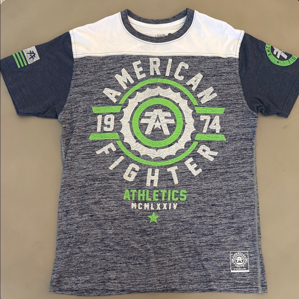 American Fighter Gray and White Tee with Green Accents
